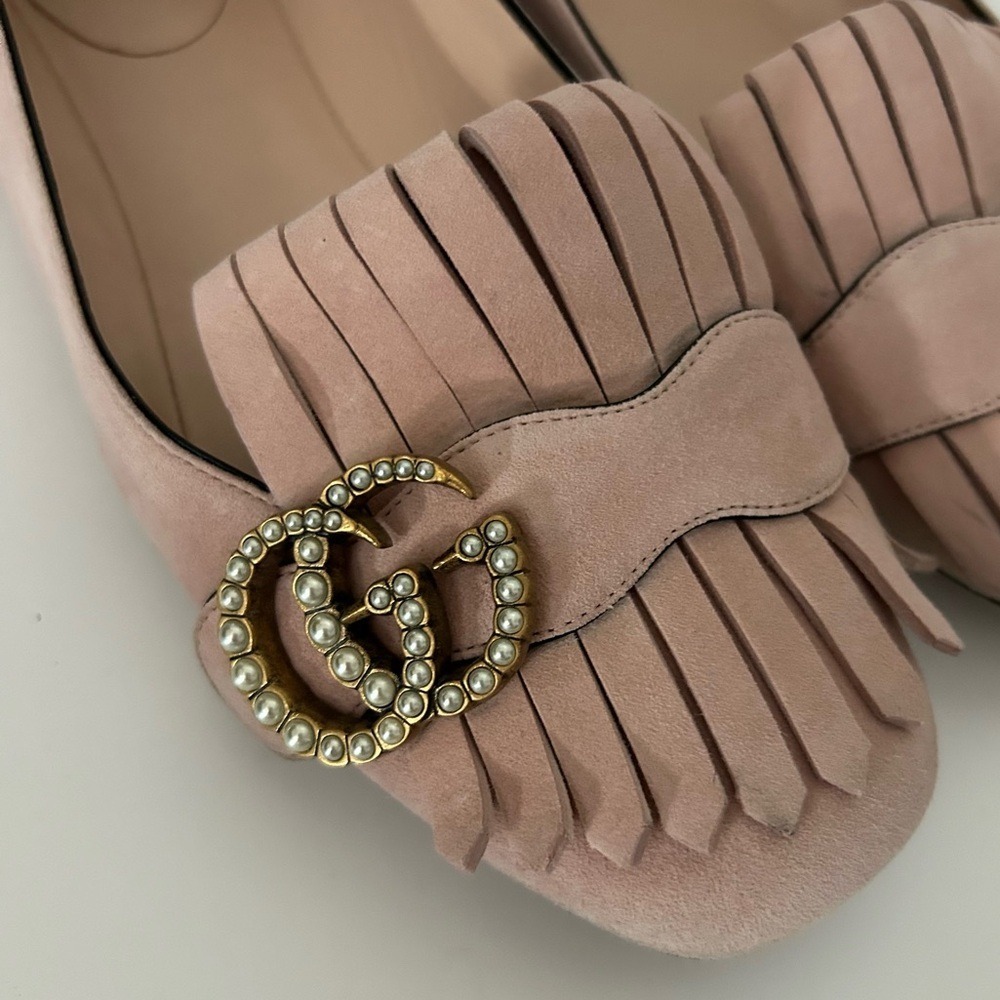 Gucci Kid Scamosciato Leather Suede GG Marmont Fringe Ballet Flats Loafers 36.5 - Picture 5 of 14